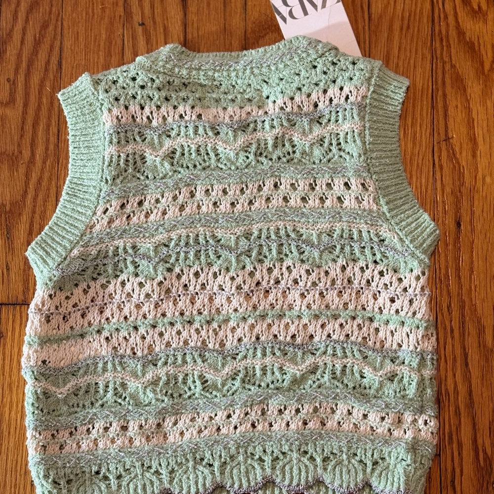 NWT Zara Kids Crochet Knit Green & White Cropped Sweater Vest – Size 12 - Picture 2 of 3